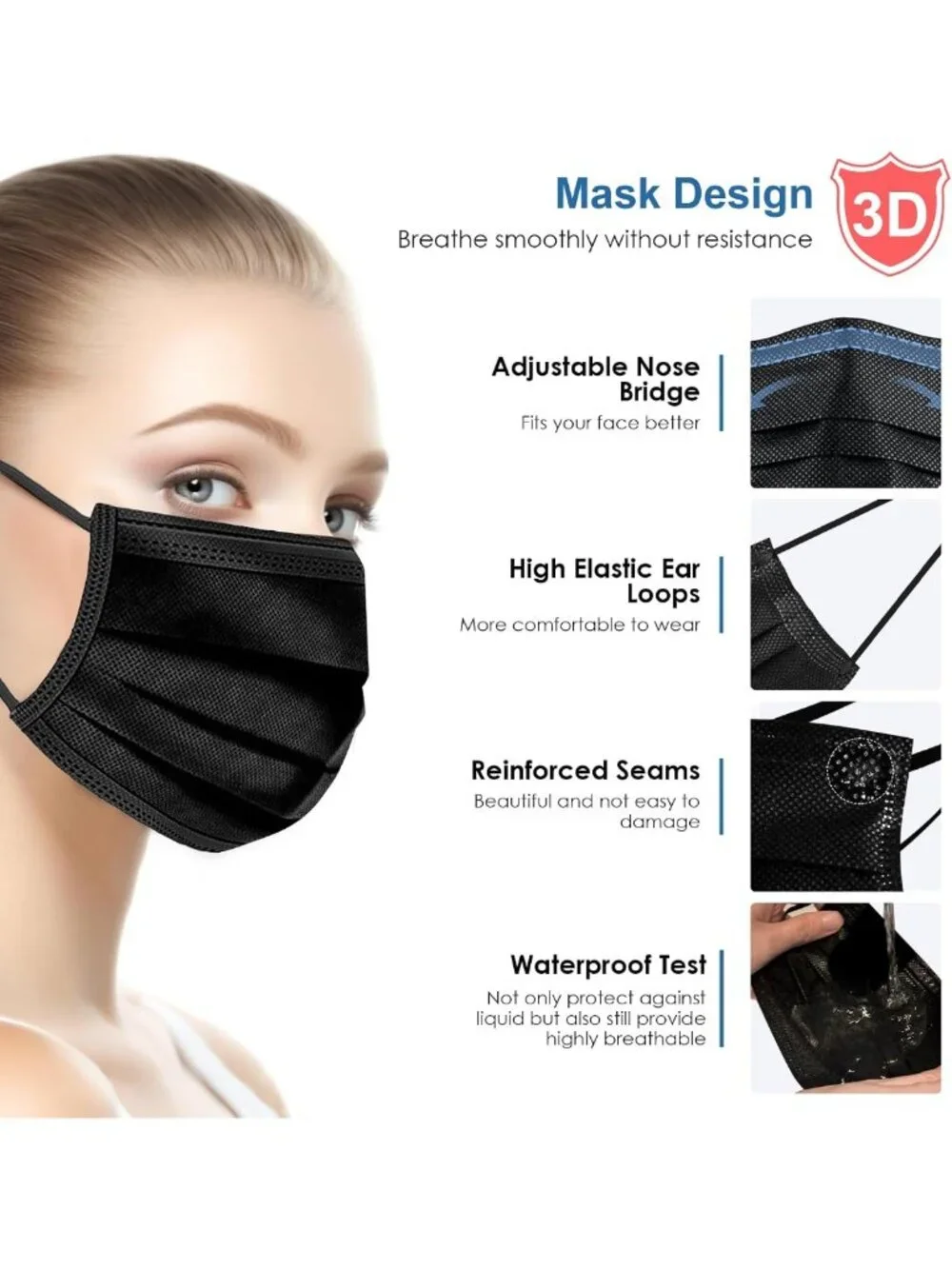 500PCS Black Disposable 3-Ply Face Masks with Filter - Safety & Comfort